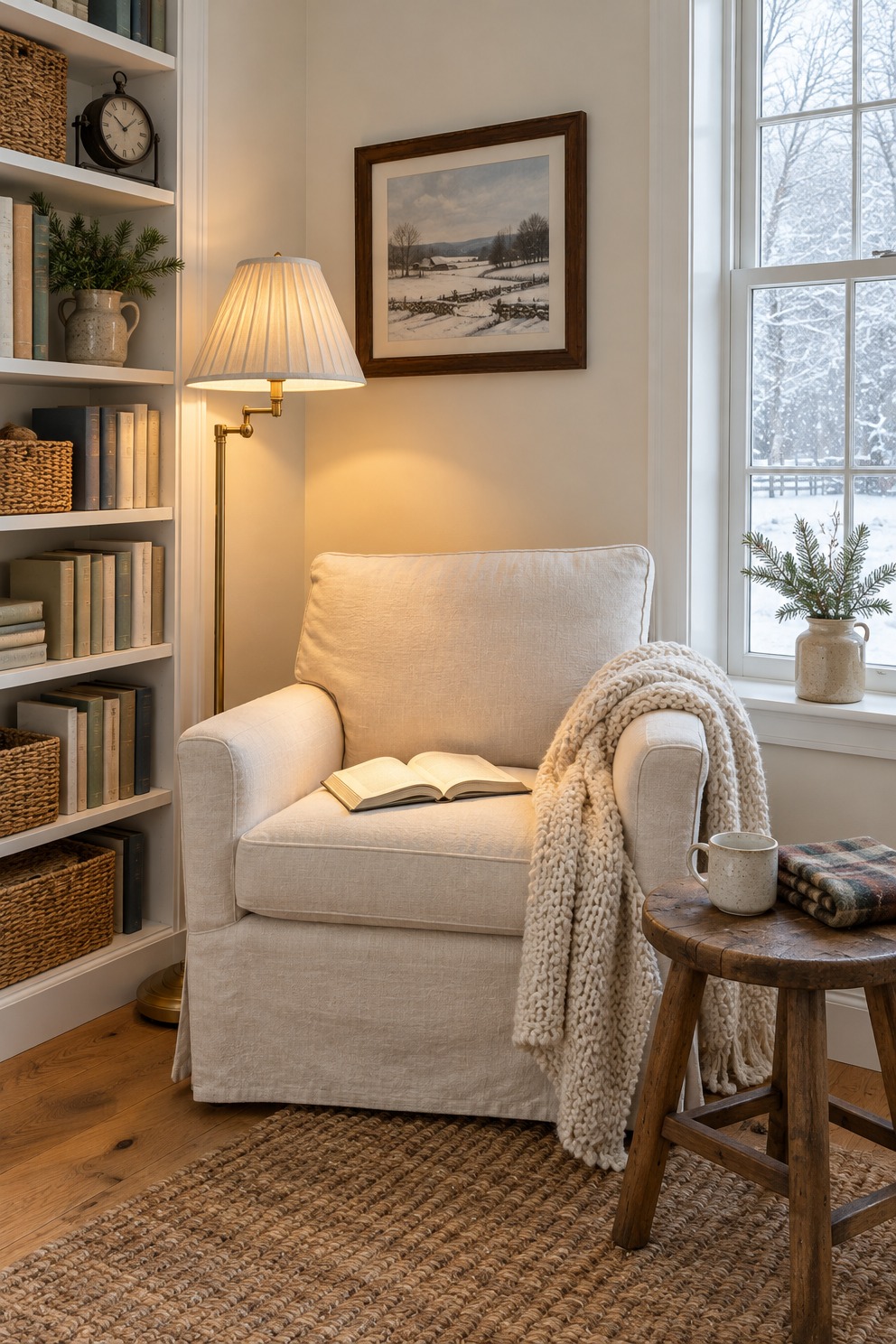 Reading chair in a living room corner with a brass floor lamp glowing warm beside it, an open book on the seat, a knit throw over the arm and a mug on a wood stool