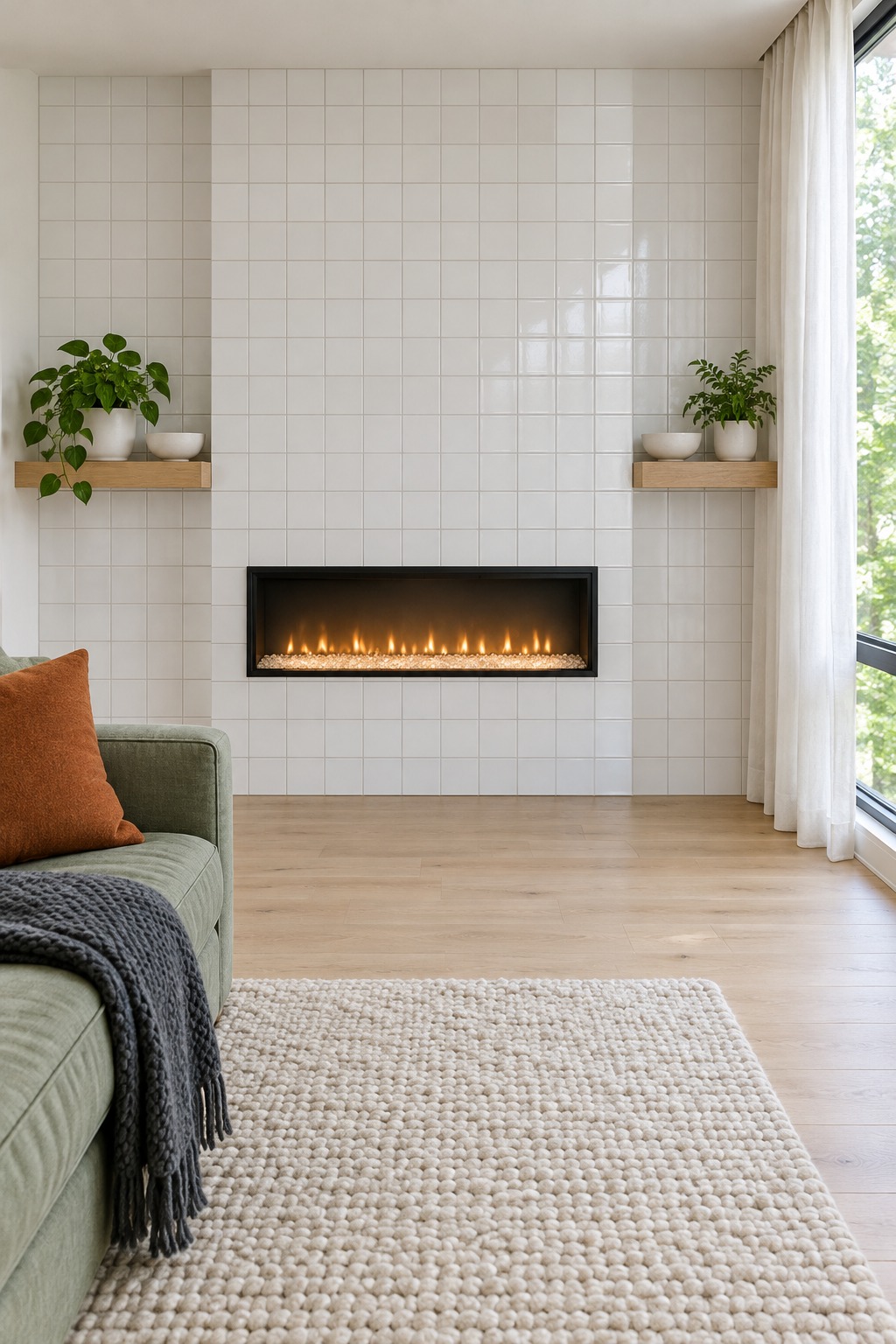 Linear fireplace built flush into a white tile wall between two floating oak shelves