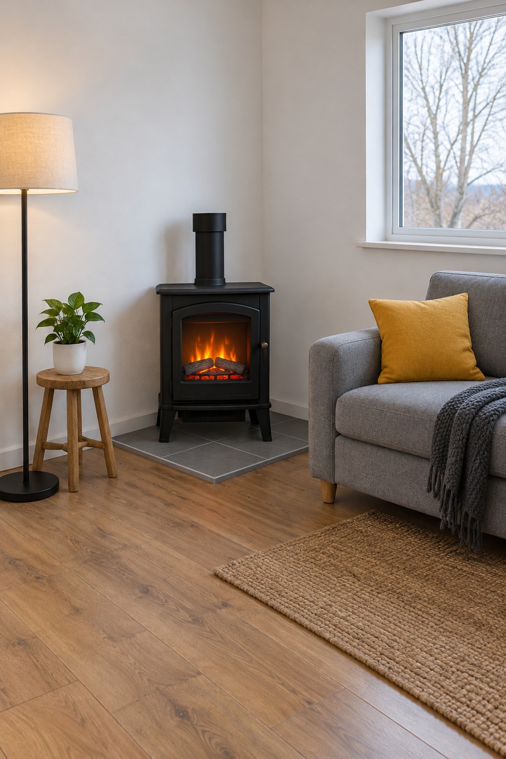 Compact freestanding stove glowing in a small rented living room beside a gray sofa