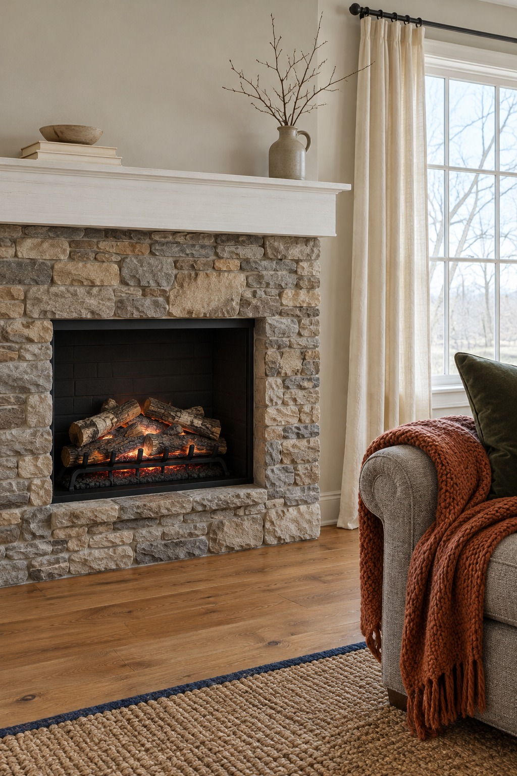 White-mantel fireplace with glowing electric logs in a traditional living room