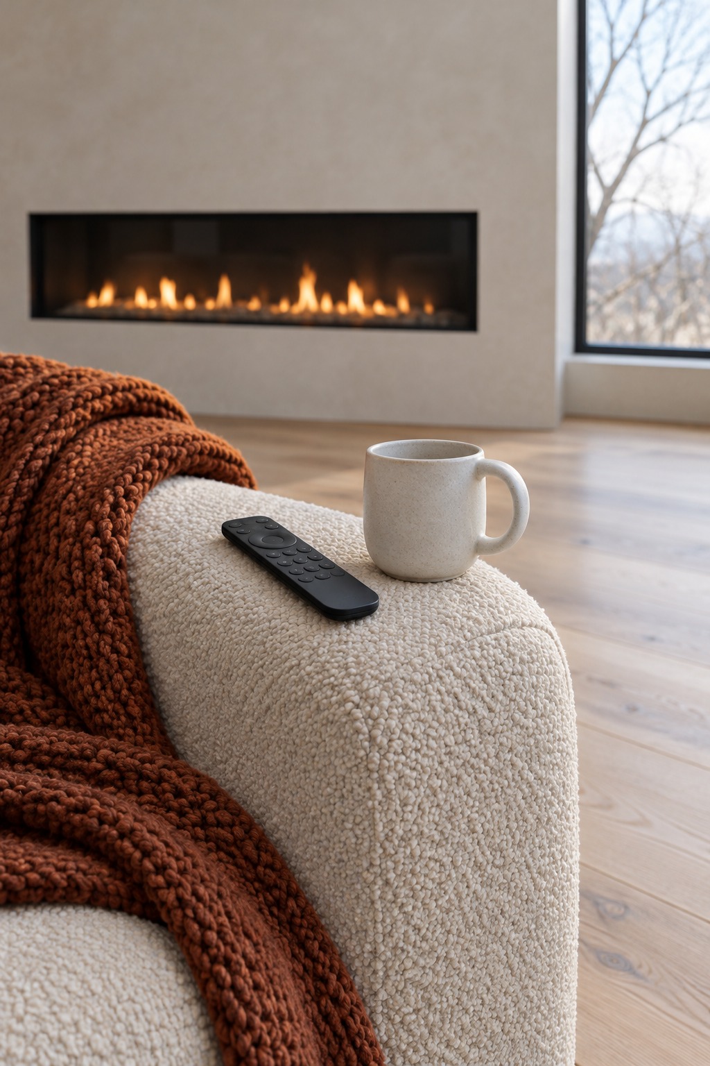 Black remote on a cream sofa arm beside a mug with a glowing wall fireplace behind