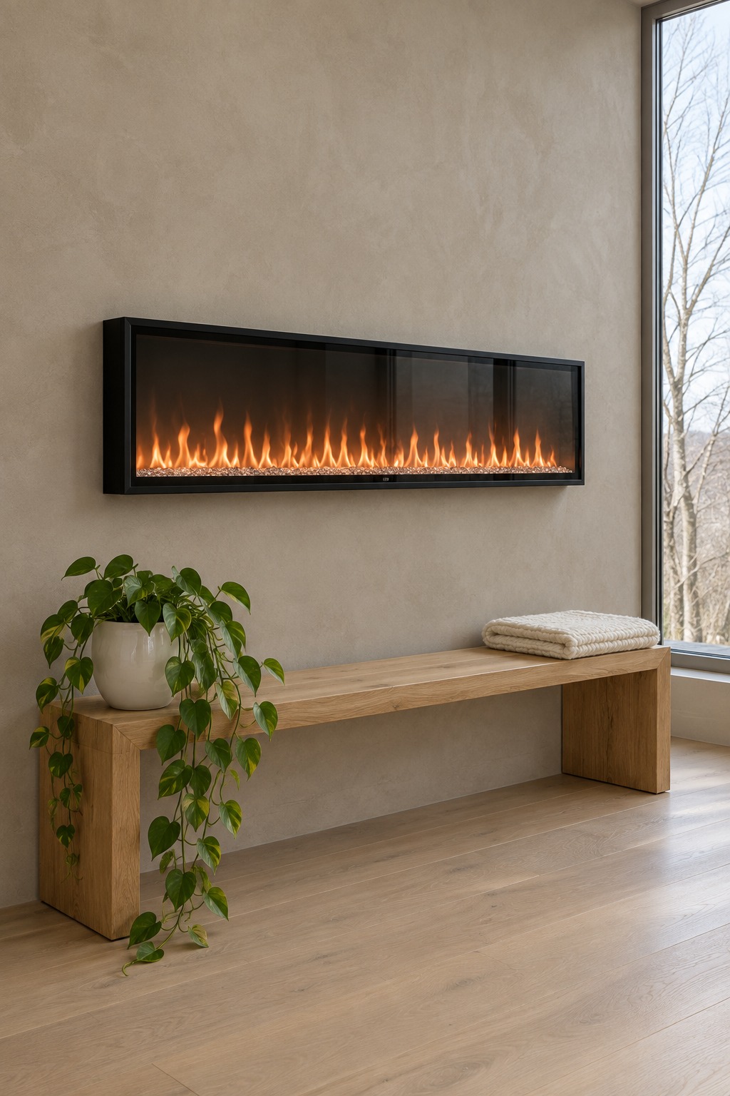 Slim black linear fireplace hung on a greige wall above an oak bench, seen from a slight angle