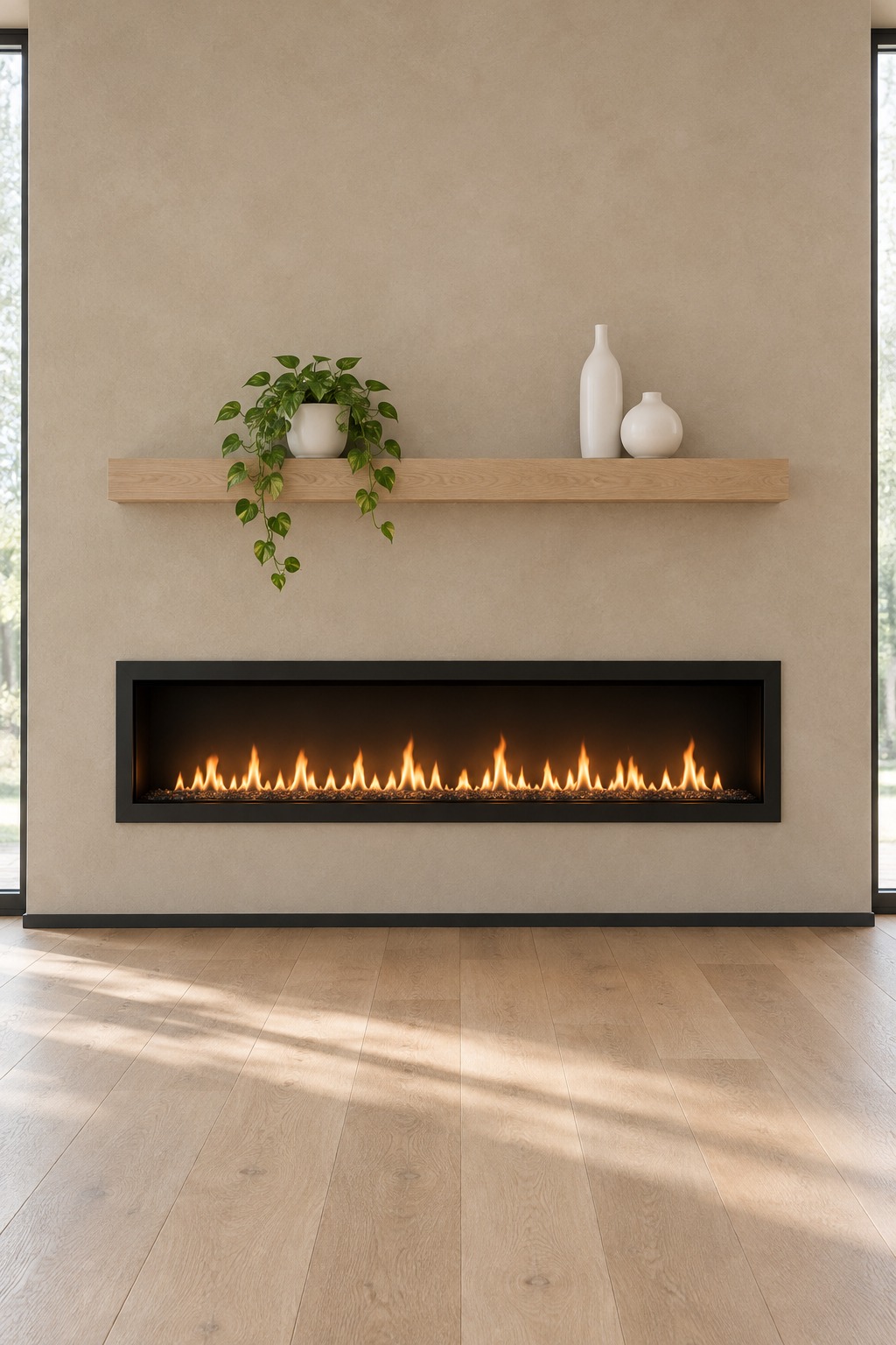 Wide black linear fireplace centered under a long oak floating shelf on a beige plaster wall