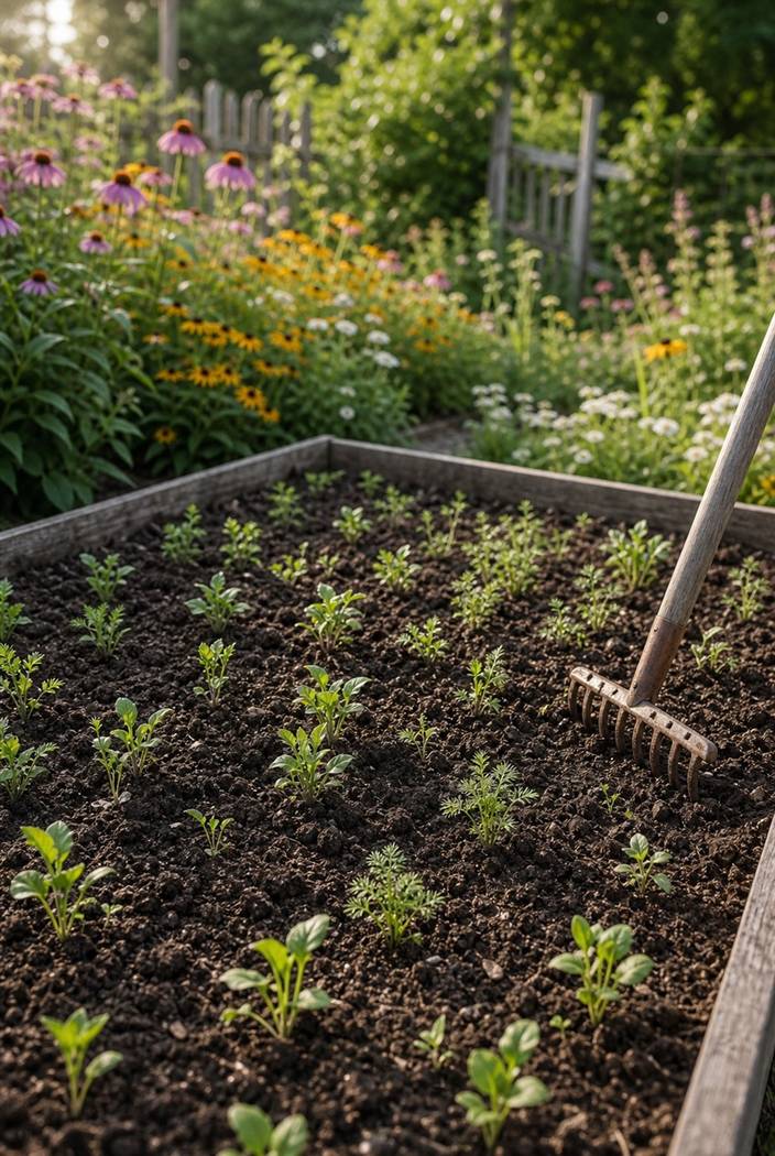 Young flower seedlings growing in a sunny garden bed after direct sowing
