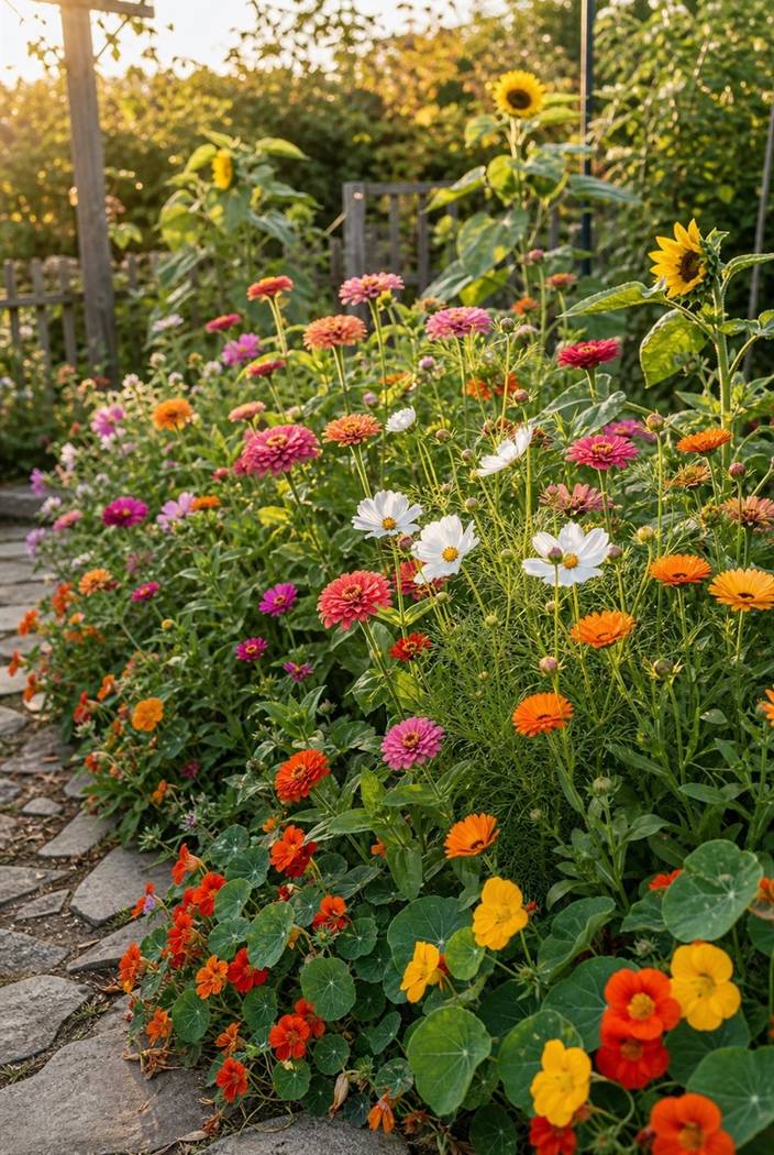 Direct sown summer flowers beginning to fill a small garden bed with color