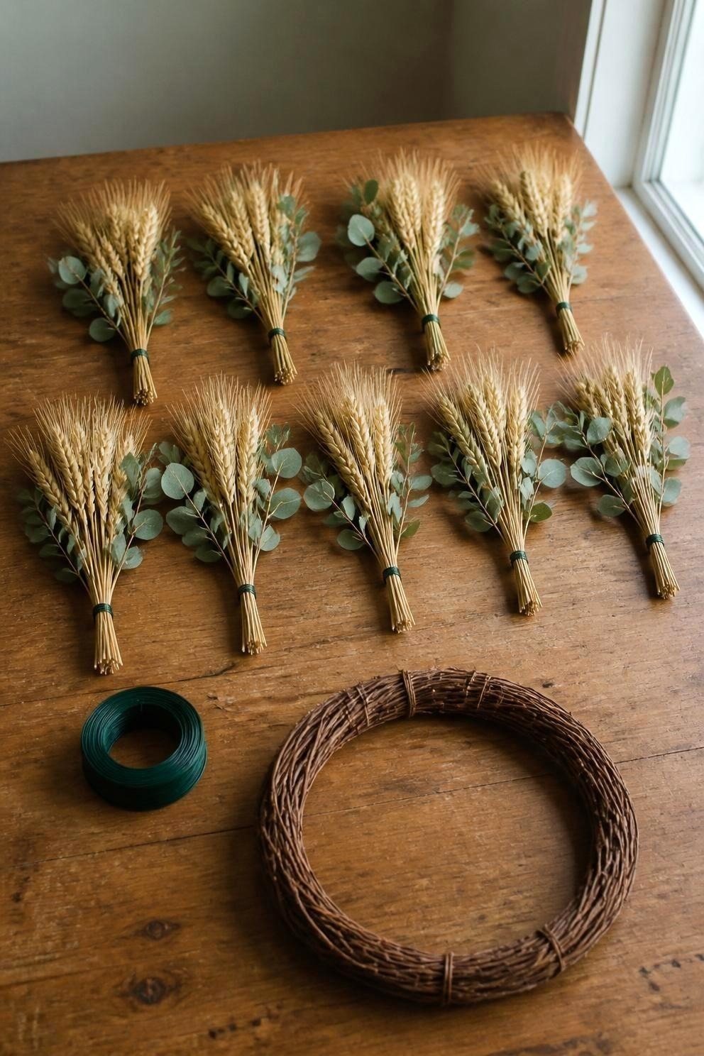 Small bunches of cut dried wheat and eucalyptus sprigs laid out in rows on a wooden table beside green floral wire and a bare grapevine ring