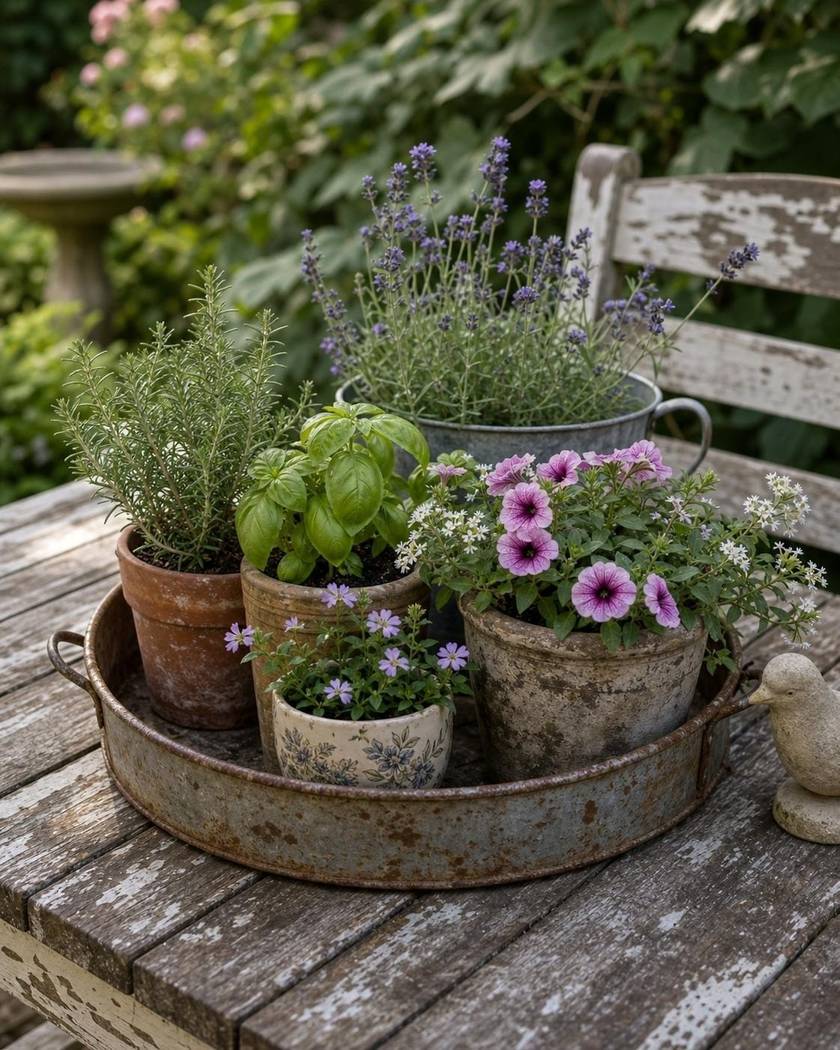 Old metal tray holding small herb pots on a garden table