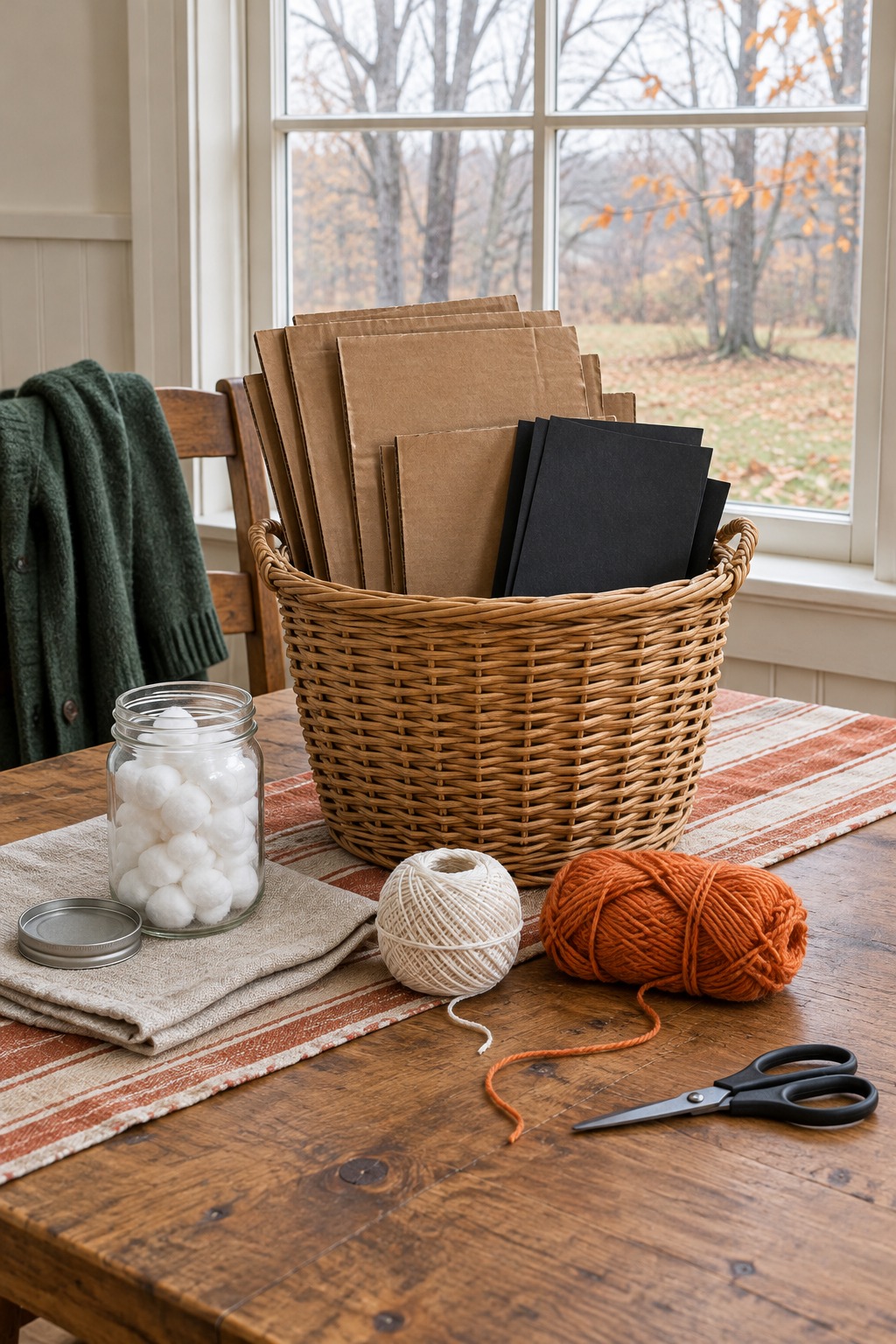Laundry basket of plain cardboard, black paper, cotton balls and string on a wood kitchen table