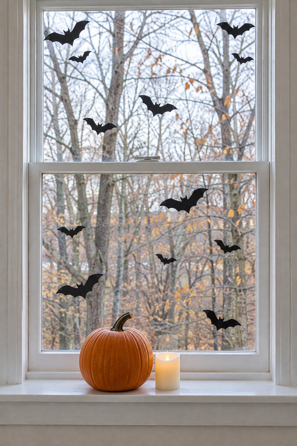 Black paper bats taped to a window above a pumpkin and a small candle on the sill