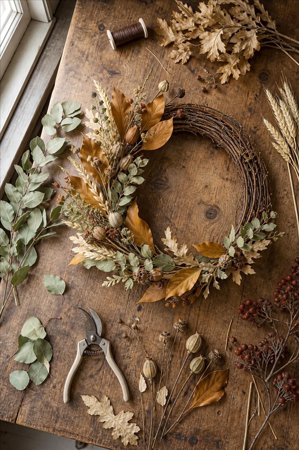 A dried fall wreath being built on a worn wood table with magnolia leaves, eucalyptus, pale oak leaves, wheat, seed pods, berries, wire and floral snips