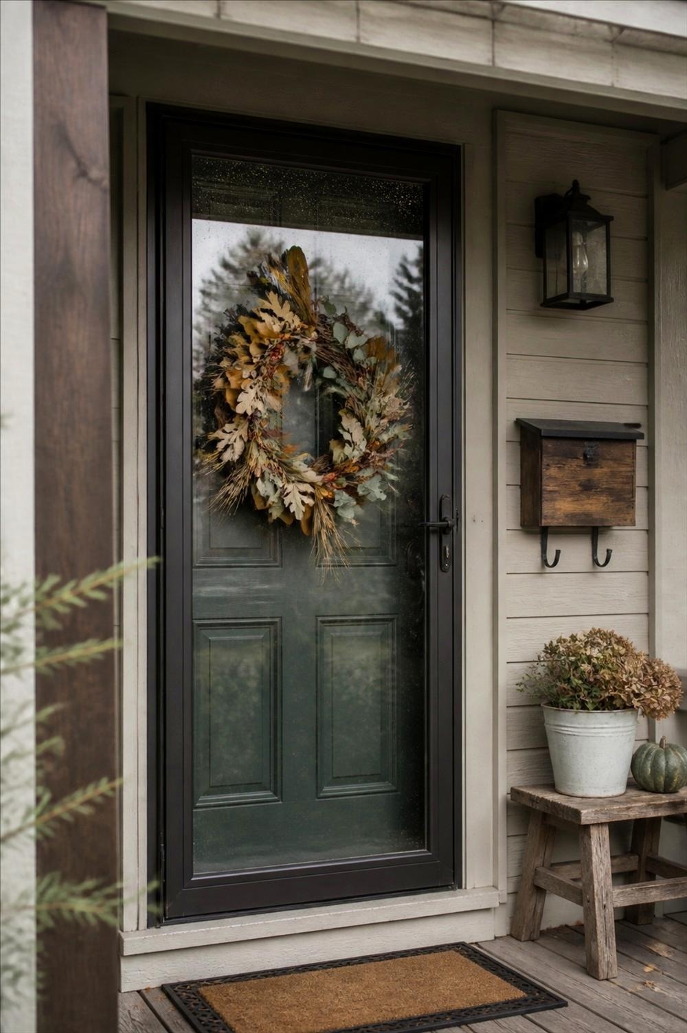A dried wreath hanging on a green main door behind a closed glass storm door in a recessed covered entry, with the dry gap visible through the glass