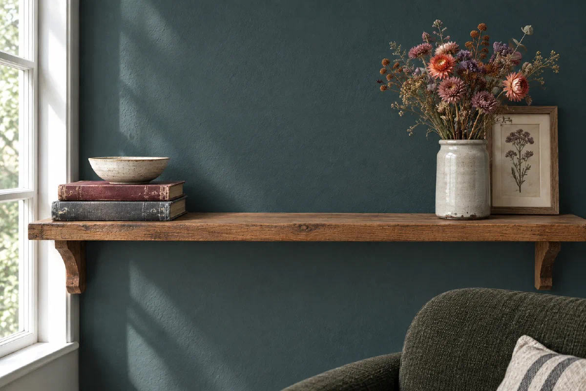 Wooden shelf against a blue-green wall with a ceramic vase of dried stems, books, and a small bowl