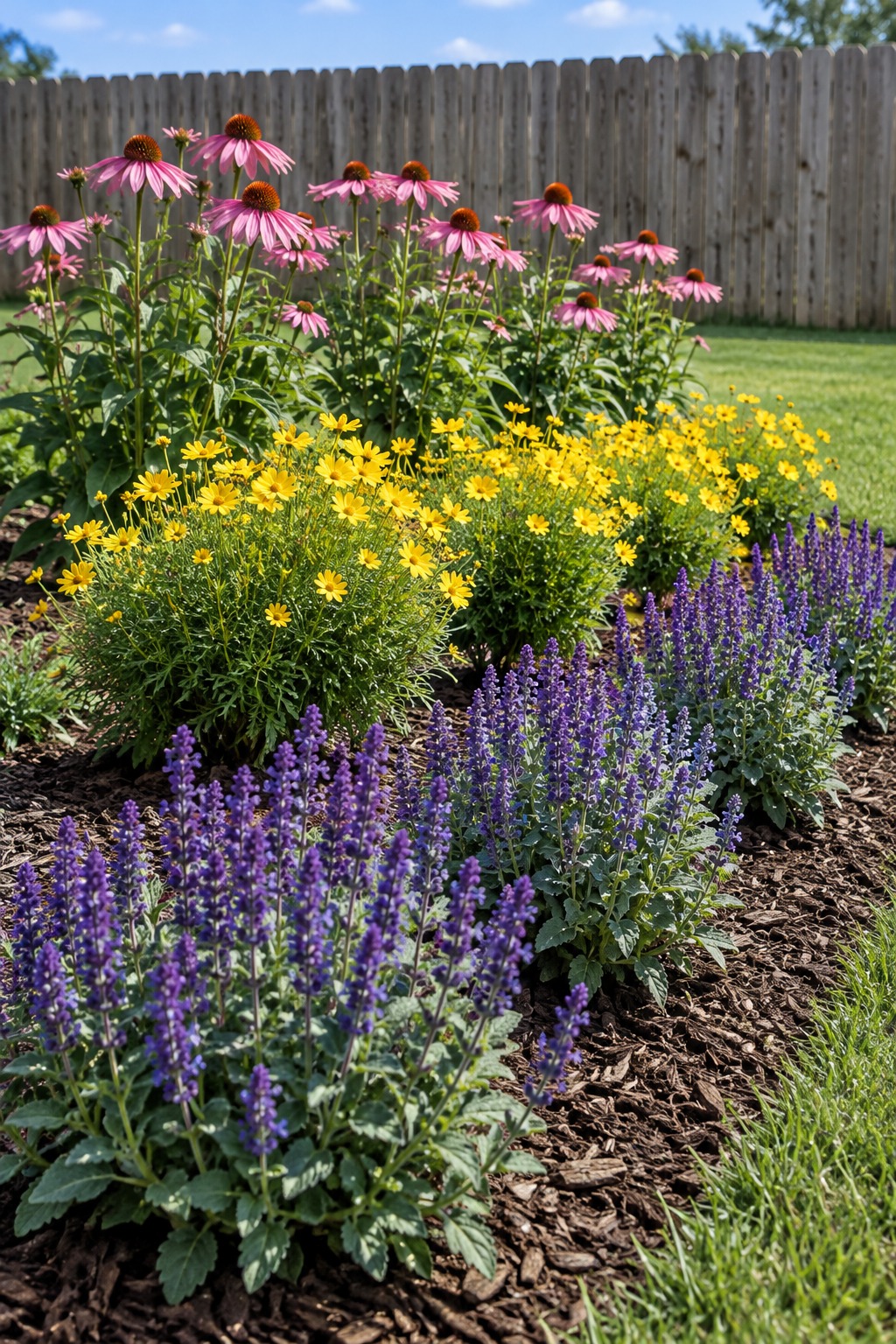Sunny bed planted in blocks of purple salvia, yellow coreopsis and pink coneflowers