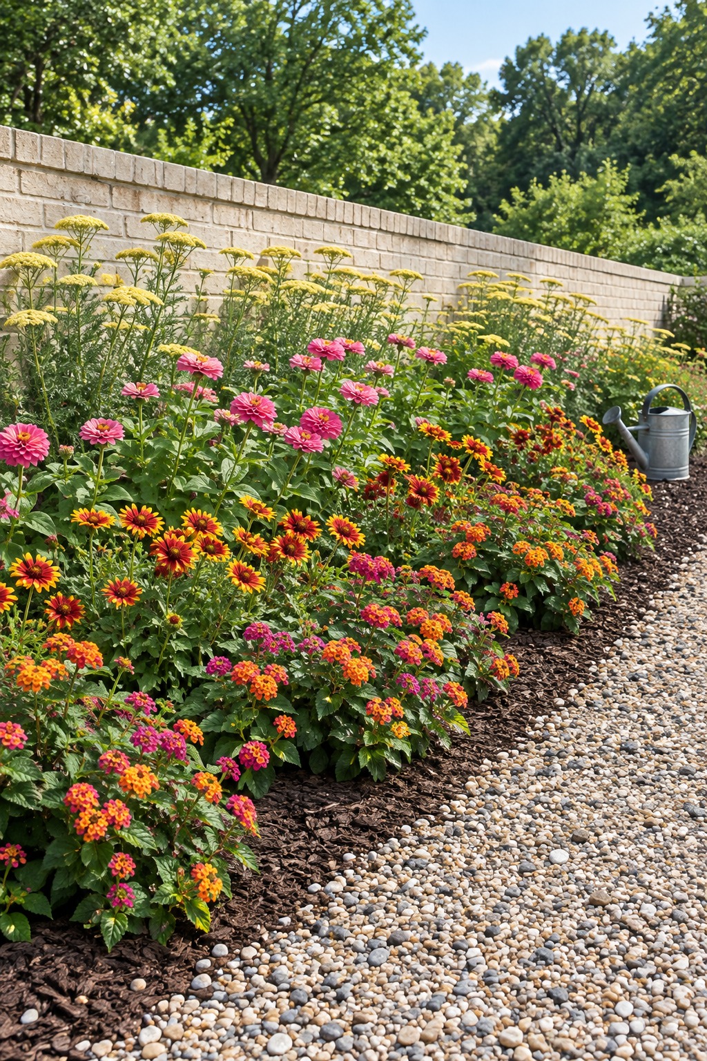 Sunny bed against a brick wall with lantana, gaillardia, zinnias and yarrow