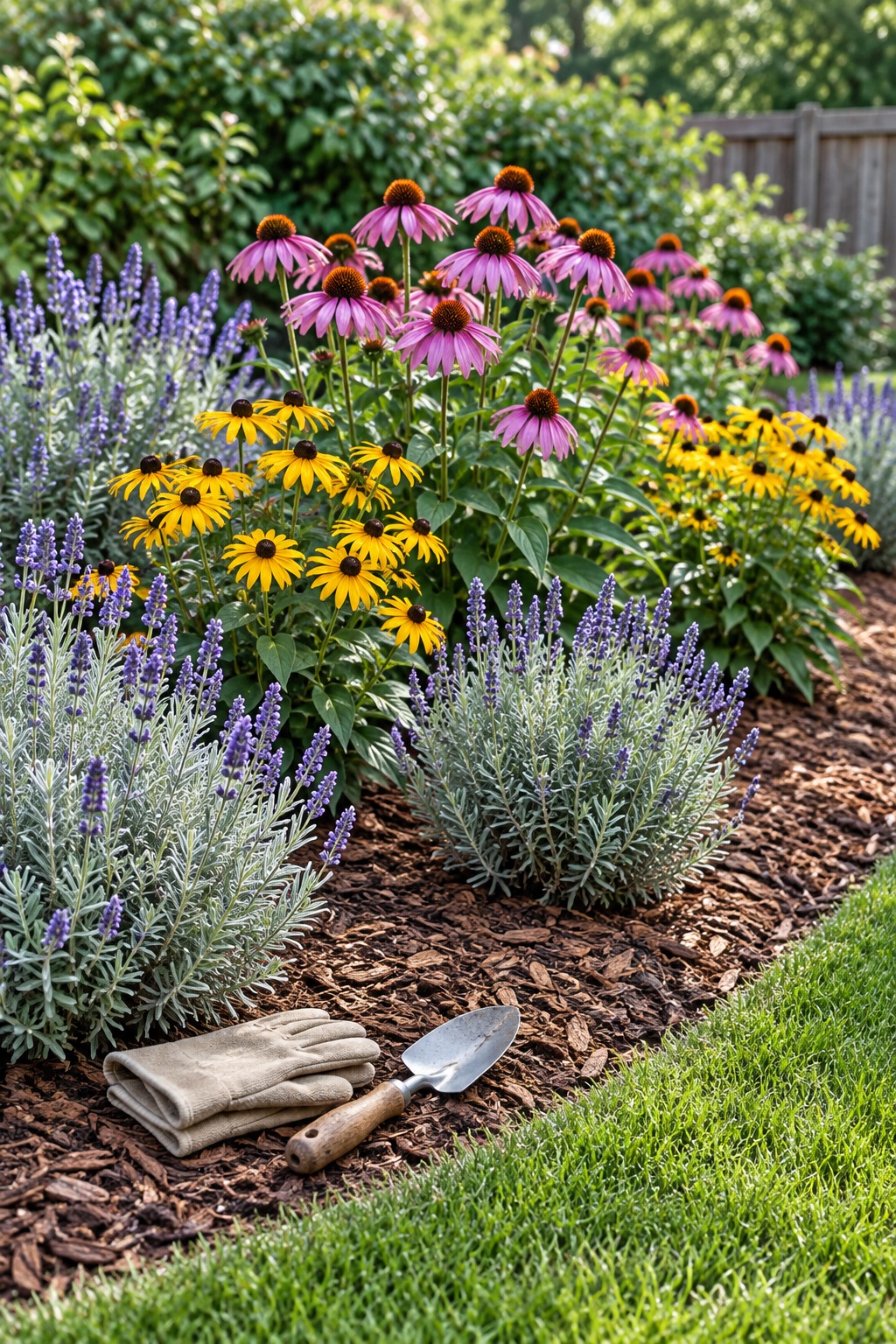 Shredded bark mulch around coneflowers, black-eyed Susans and lavender in a sunny summer bed