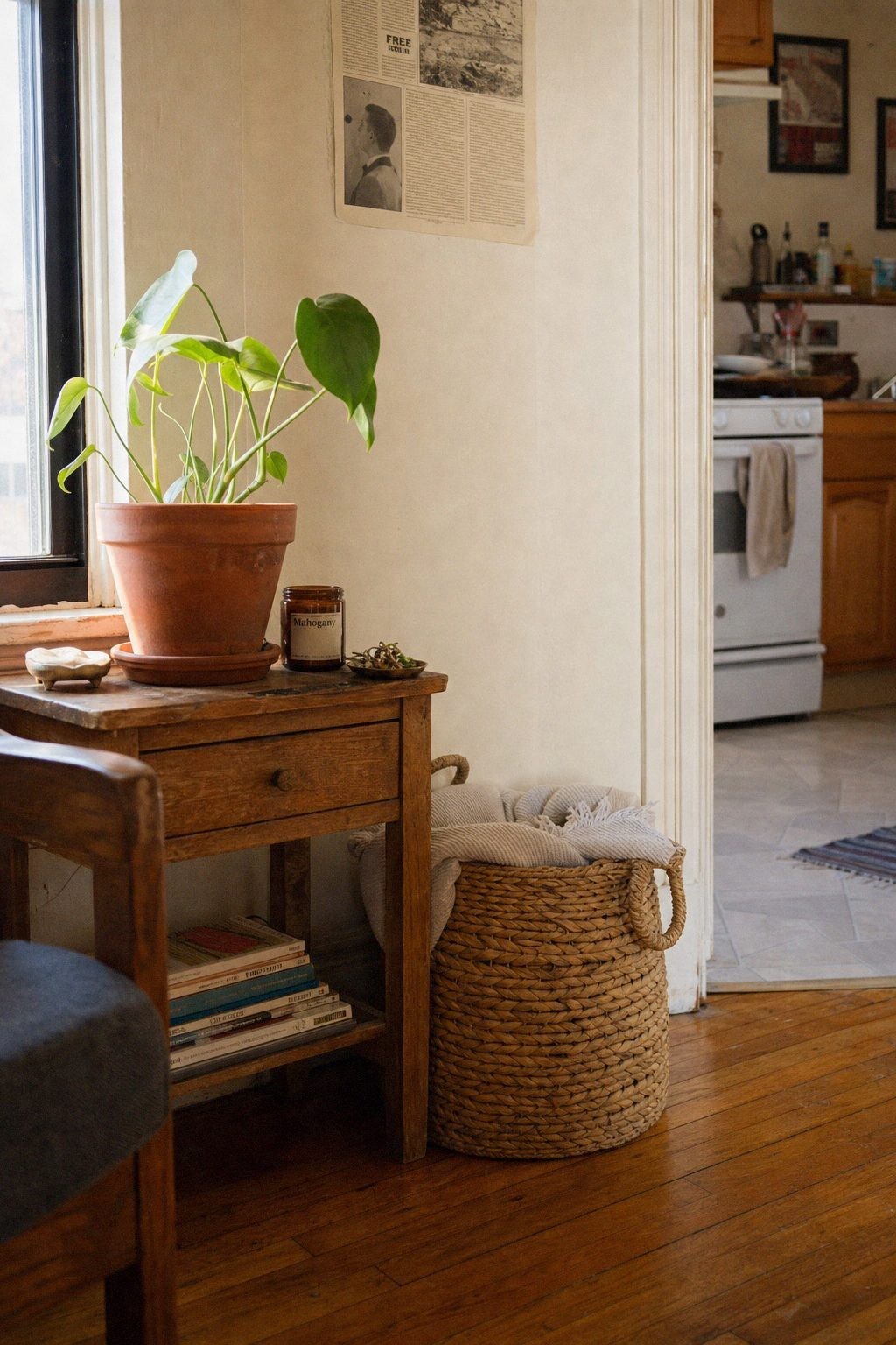small apartment seating area with a woven throw, natural-fiber rug, and warm wood table