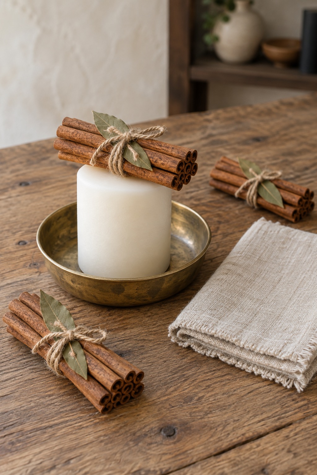 Bundle of cinnamon sticks tied with jute twine and a bay leaf, resting on a white pillar candle in a brass dish on a wooden table with a folded linen napkin