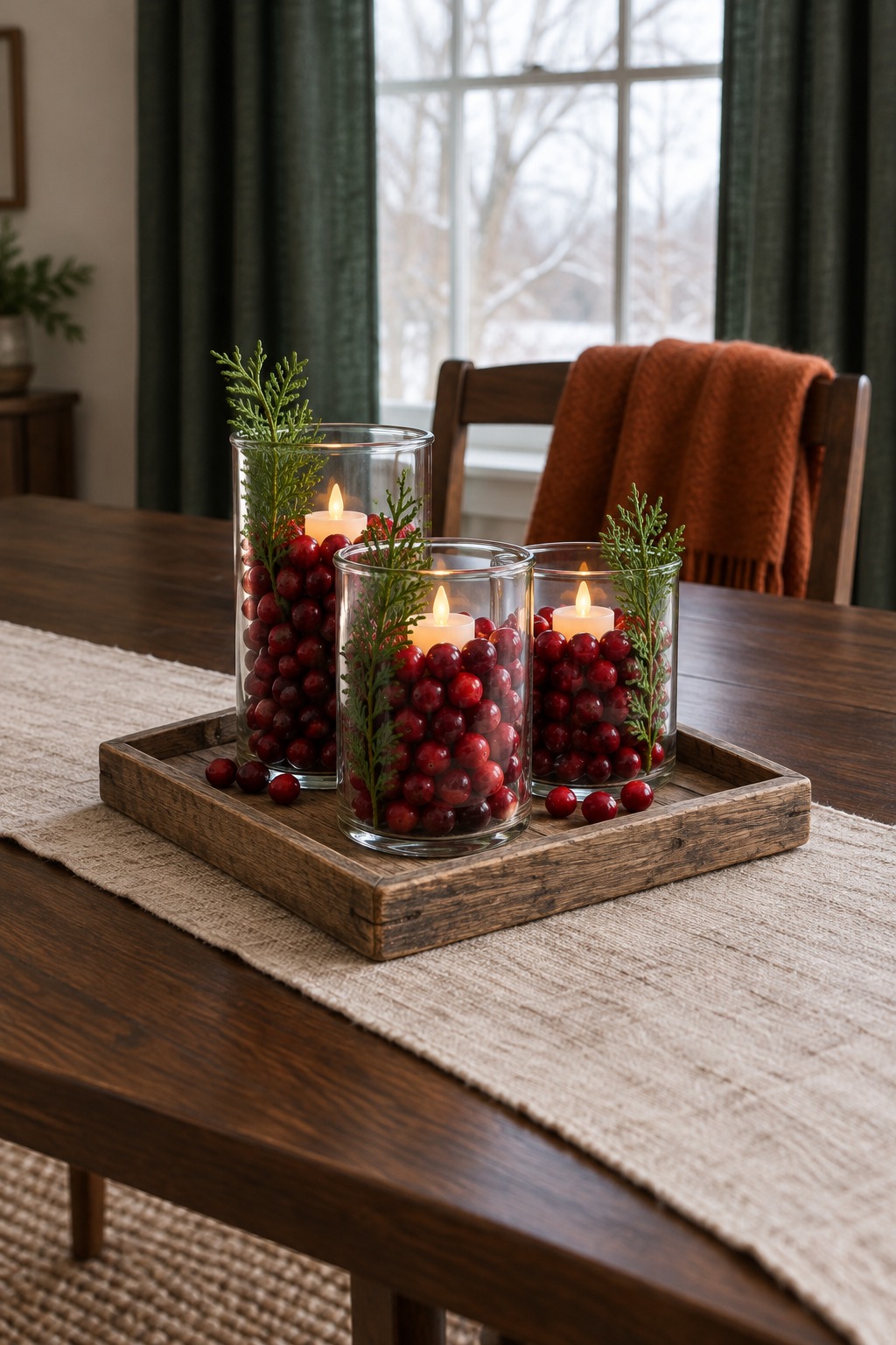 Three clear jars of fresh red cranberries with glowing battery tea lights on top and a cedar sprig tucked in each, on a wooden tray on a dining table