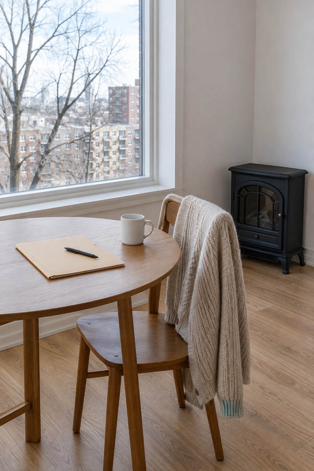 Closed folder and a mug on a small apartment table with an unplugged electric stove in the corner