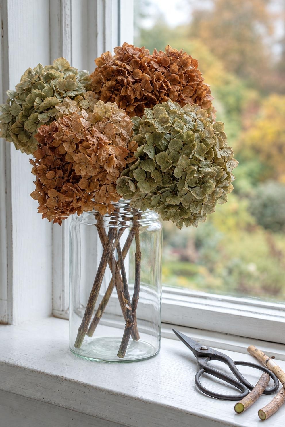 Dried hydrangea heads in a glass jar on a windowsill beside garden snips
