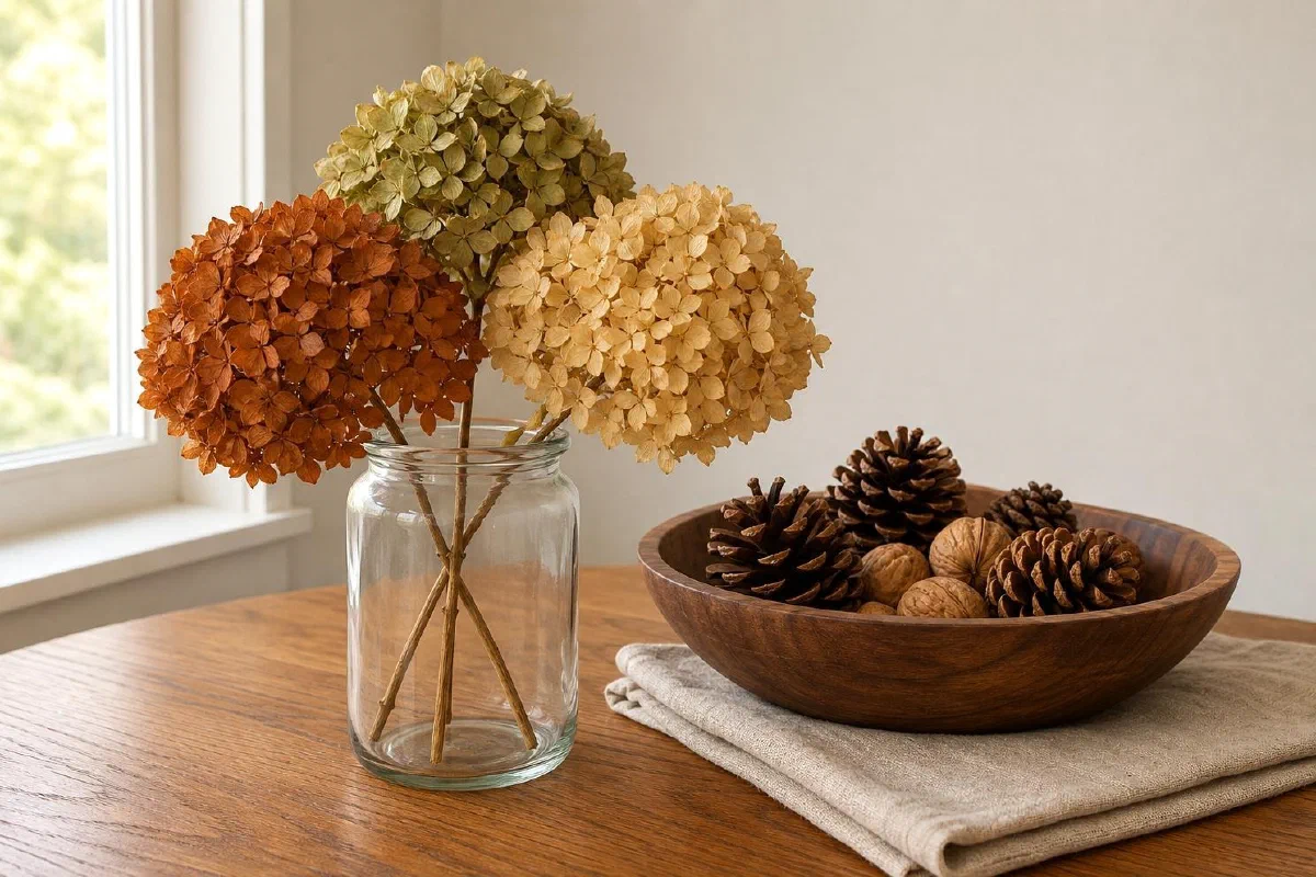 Dried hydrangeas in a glass jar beside pinecones and nuts in a wooden bowl on a fall table