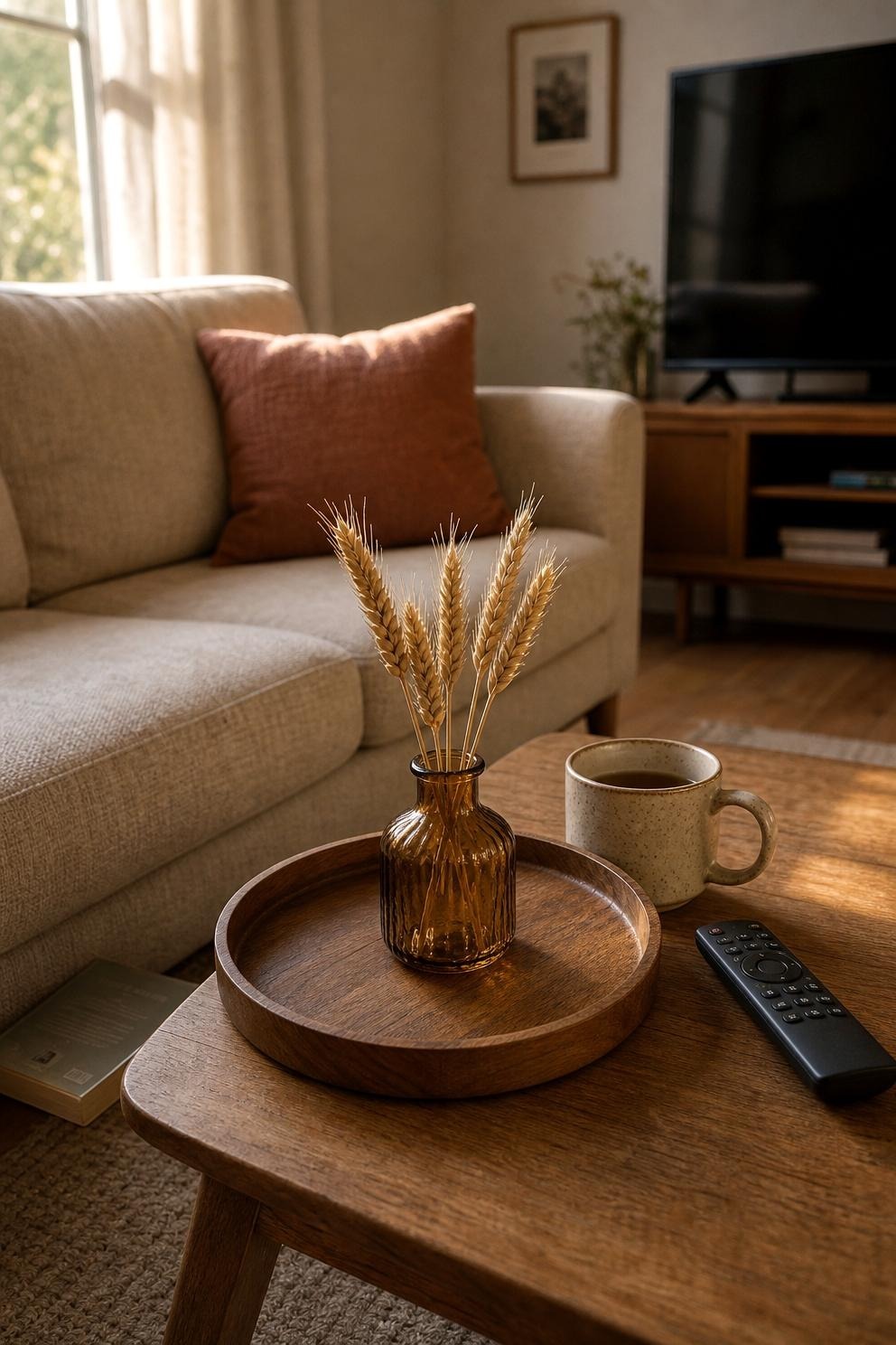 Short amber vase holding trimmed dried wheat on a small coffee table