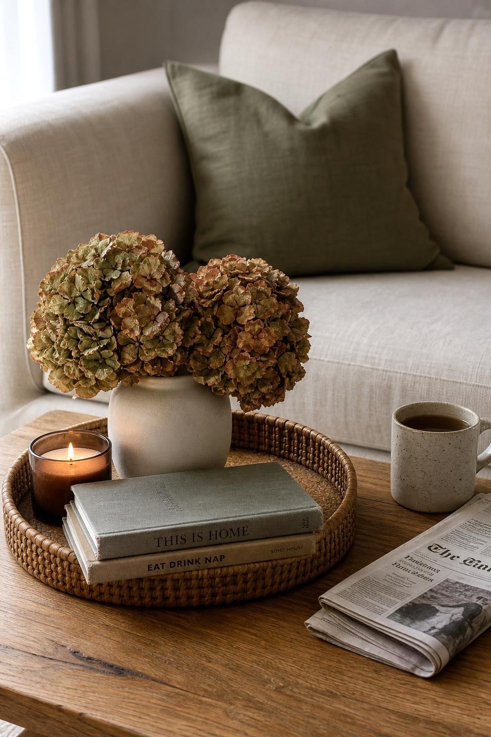 Two dried hydrangea heads in a squat ceramic vase on a coffee table