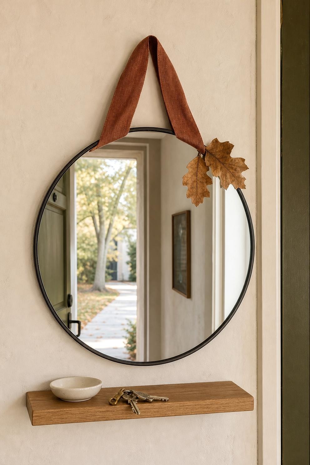 Narrow entry ledge with a small framed autumn landscape, amber votive, and dried grass