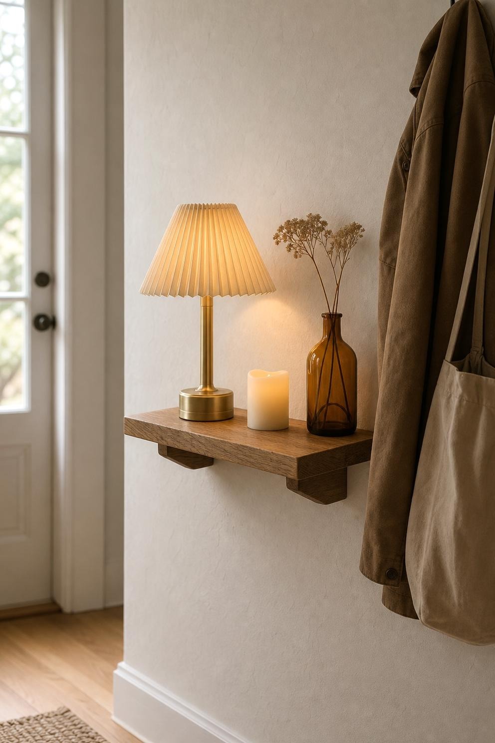 Low woven basket tucked under a narrow console holding a folded rust throw and a few gloves