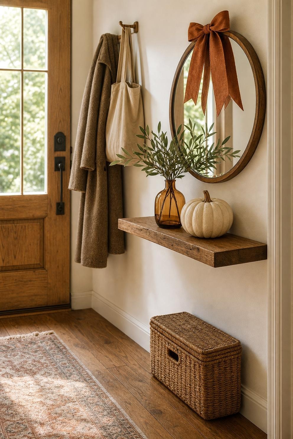 Fall entry palette on a wood table with rust taper, amber glass, olive leaves, cream pottery, and a dark wood frame