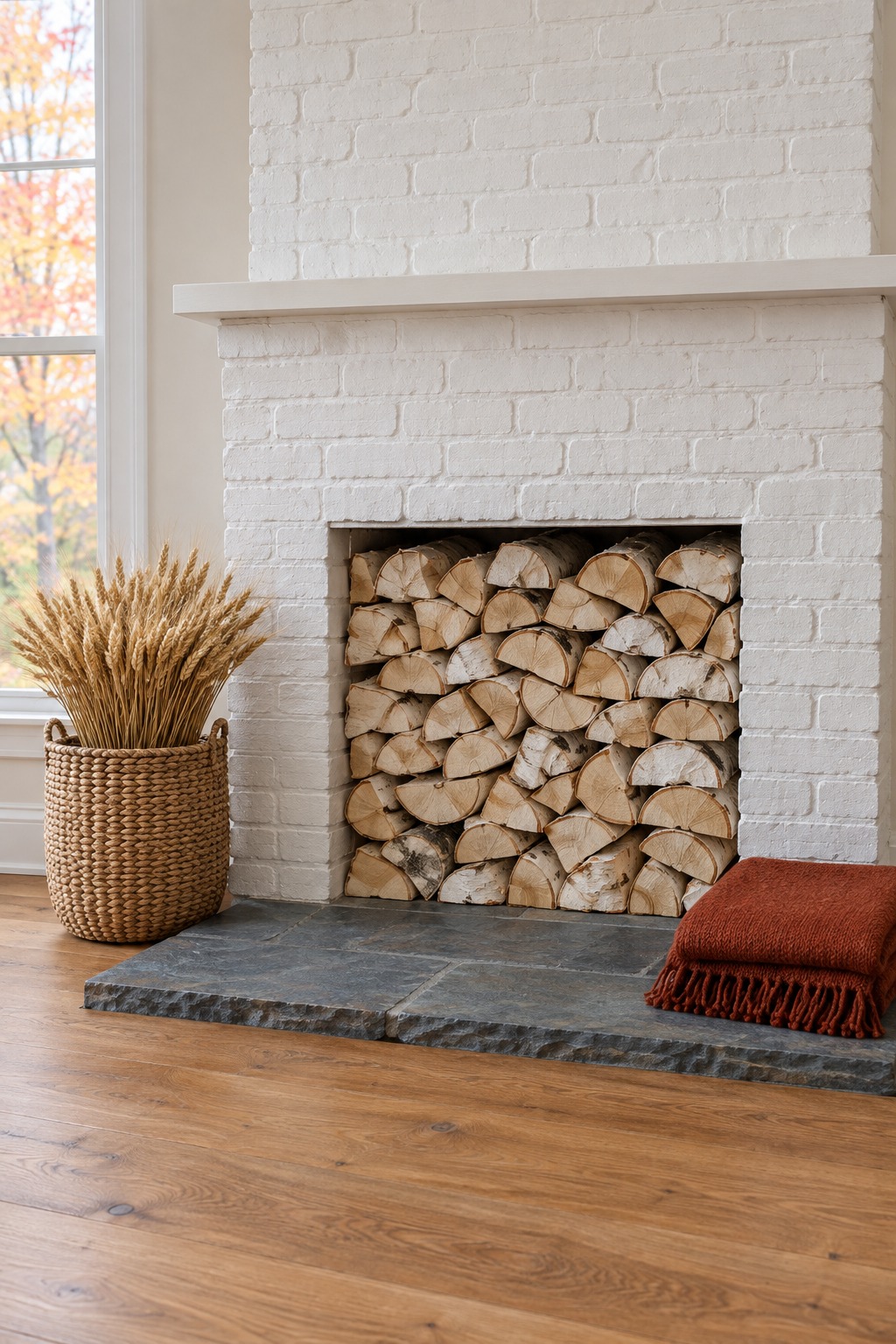 Unused fireplace opening stacked with birch logs, a basket of dried wheat on the floor beside the hearth