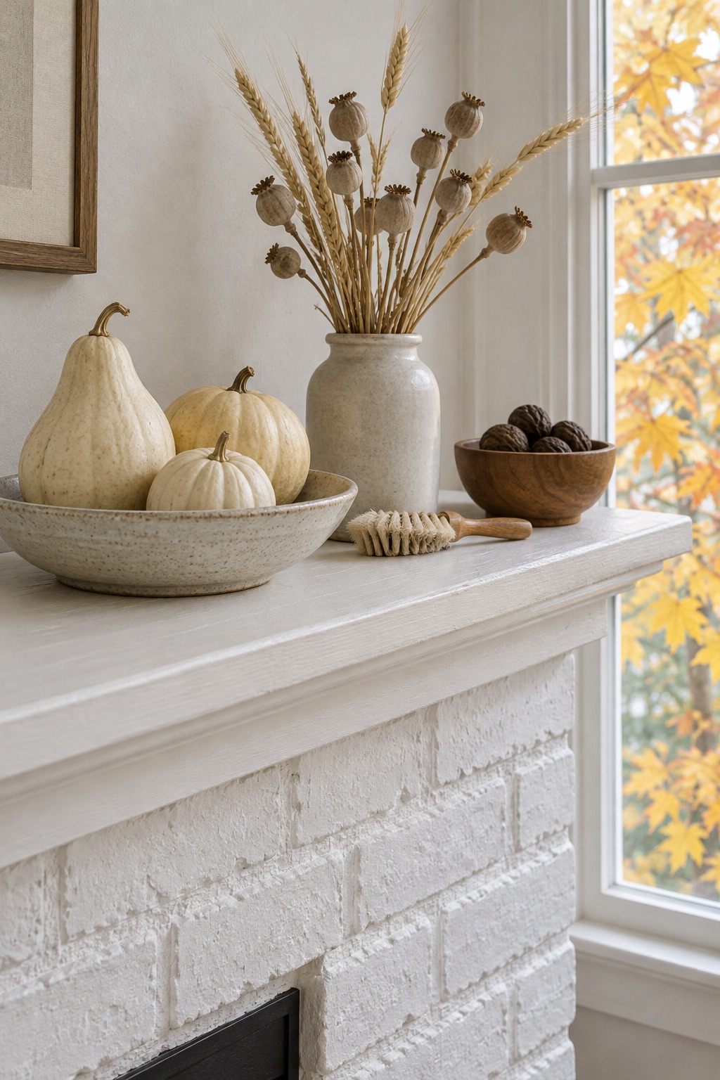 Pale gourds on a shallow stoneware dish on a white mantel with dried seed pods and a soft brush