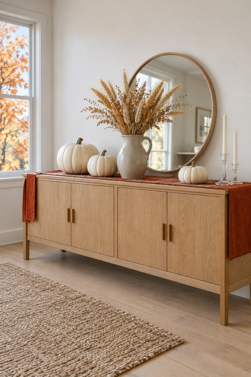 Light oak sideboard with white pumpkins, a pitcher of wheat and two taper candles for fall