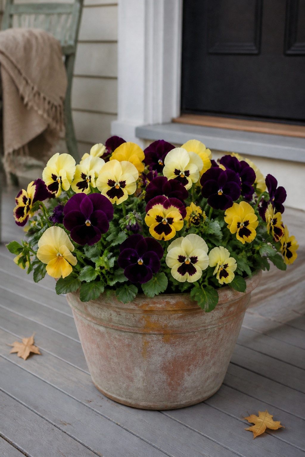 A full weathered terracotta pot of large purple, yellow, and cream pansies on a welcoming fall front porch