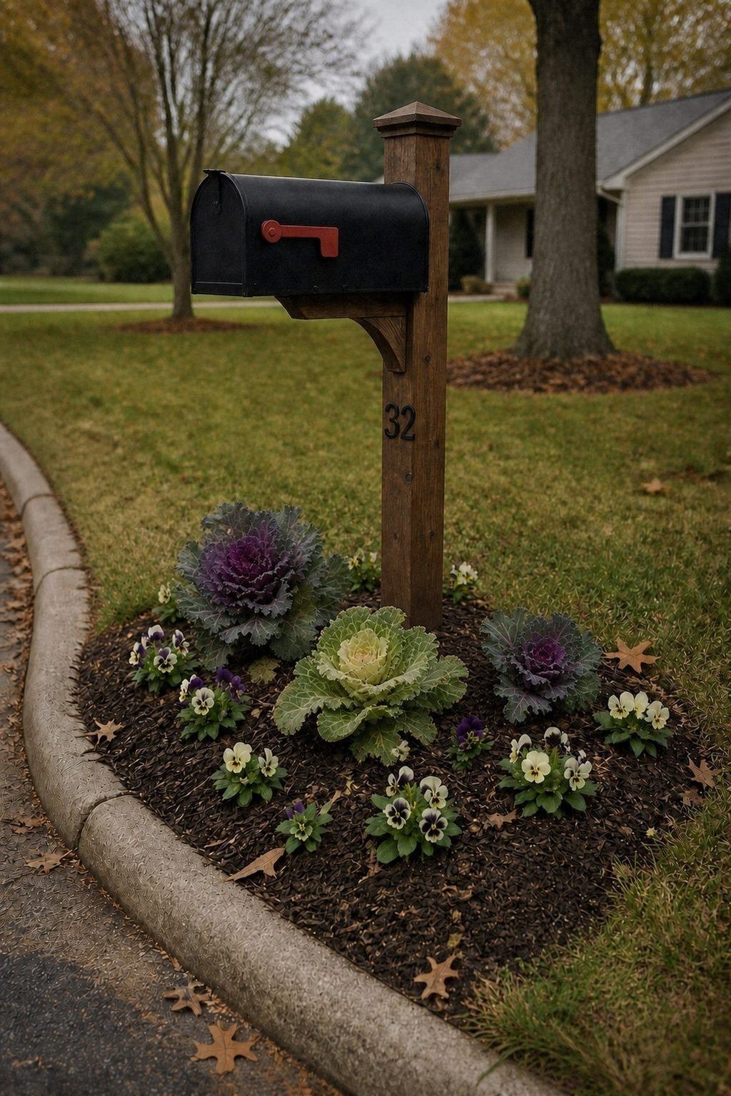 Purple and cream ornamental cabbage with purple and cream pansies planted in a neat mulched flower bed around a black curbside mailbox