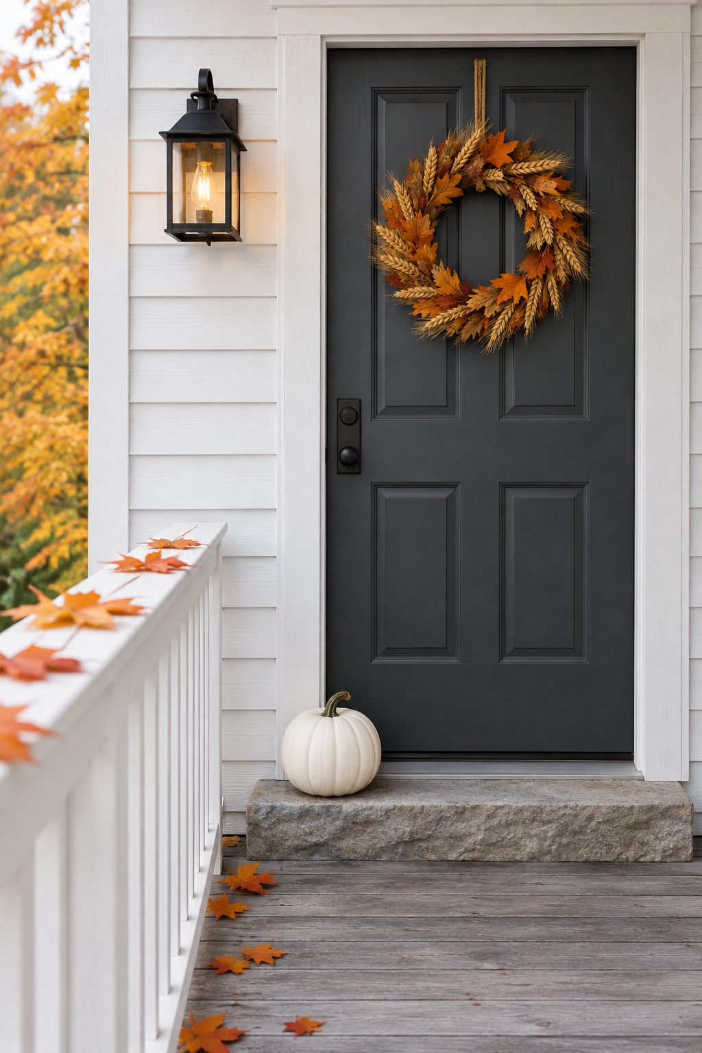 Black wall lantern beside a charcoal front door with a dried wheat wreath and a white pumpkin