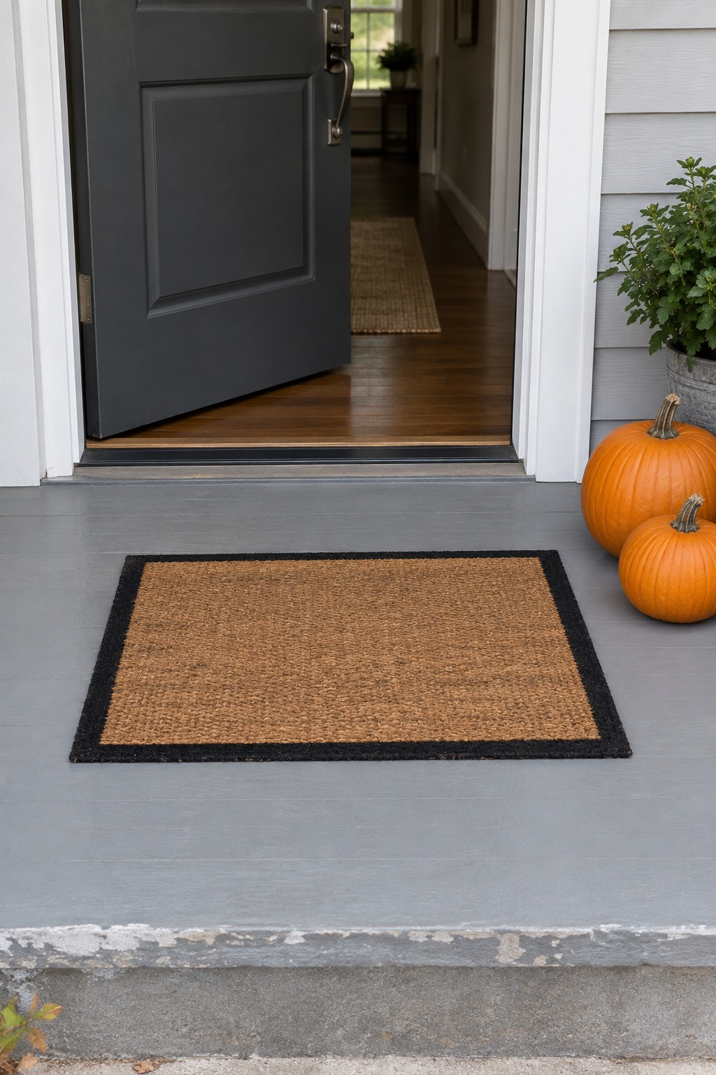 Flat coir doormat in front of an open charcoal door with two pumpkins on the porch step