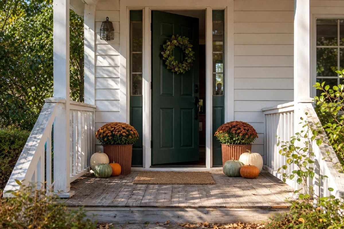 Small porch with a green door, planters and low pumpkins