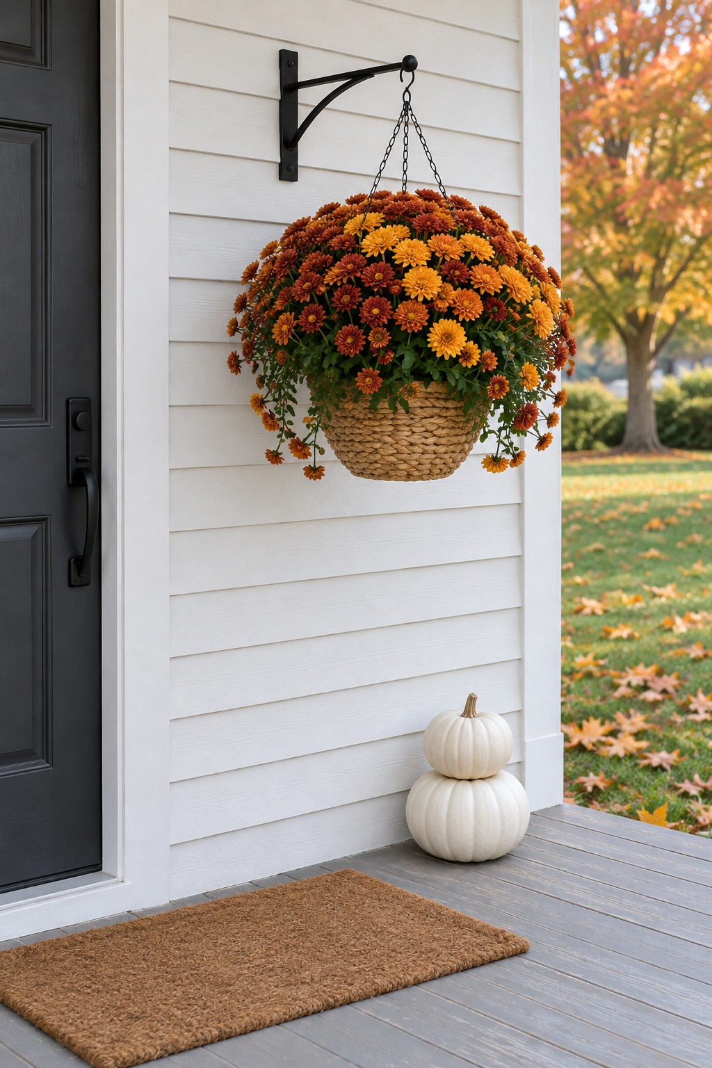 Hanging basket of rust mums on a black wall bracket above a clear small porch floor