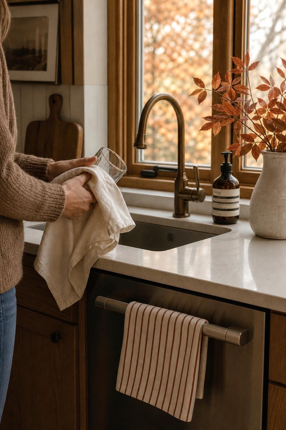 Drying a clear glass with a plain cream towel at the kitchen sink while a rust striped towel hangs untouched on the dishwasher handle below