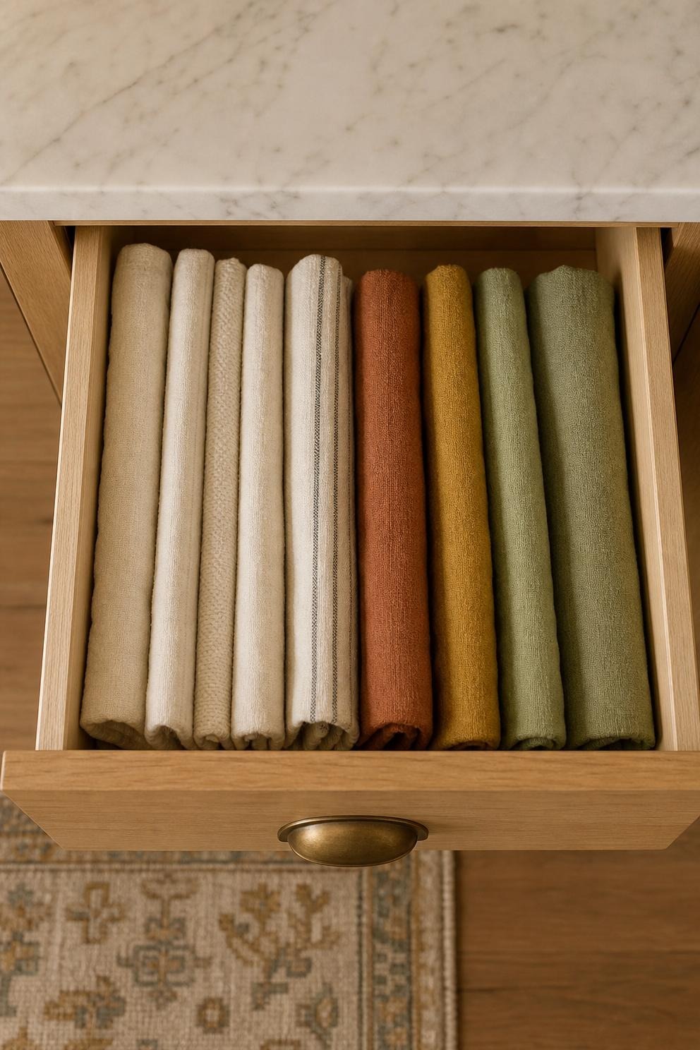 A kitchen drawer seen from above with towels folded upright on their edges, five plain cream and oat ones on the left and rust, mustard and sage ones on the right