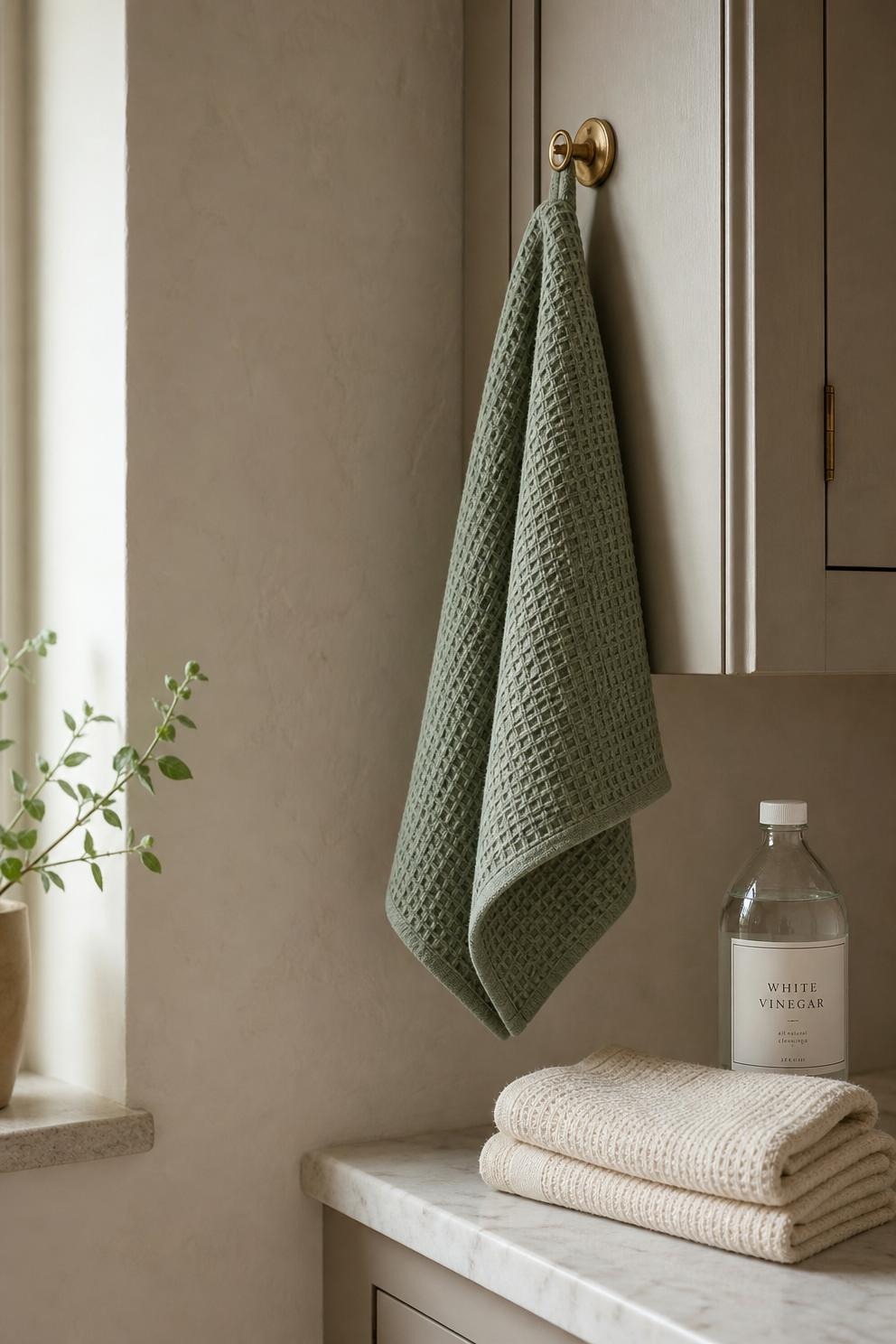 A sage green waffle weave towel hanging from a small brass hook on a kitchen wall, with a bottle of white vinegar and two folded cream towels on the marble counter below