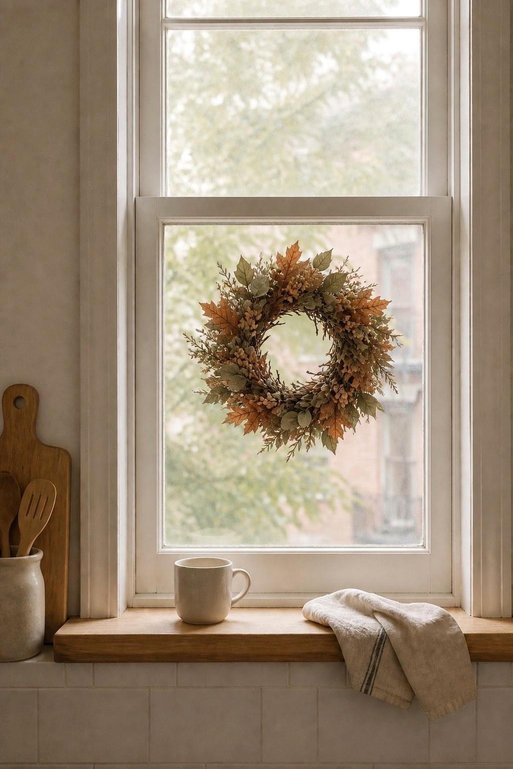 A full small fall wreath of muted leaves centered directly on a double-hung kitchen window with a hidden suction-cup hook