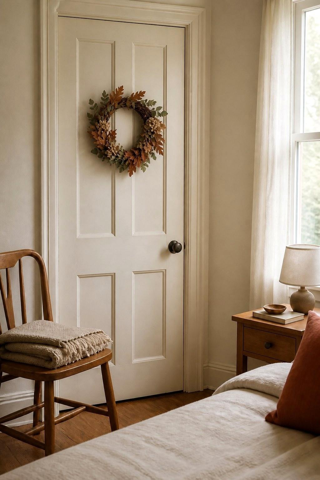 A full small fall wreath hanging at eye level on a painted bedroom door with the removable adhesive hook hidden behind it