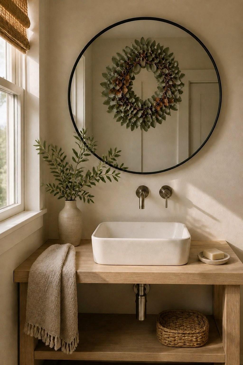 A full small eucalyptus and rust-leaf wreath centered directly on a round bathroom mirror with a hidden suction-cup hook