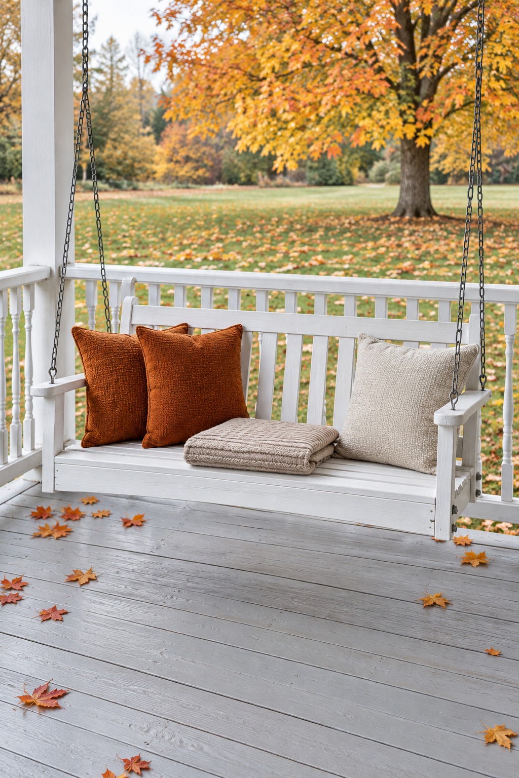 White porch swing with two burnt-orange pillows and a beige throw
