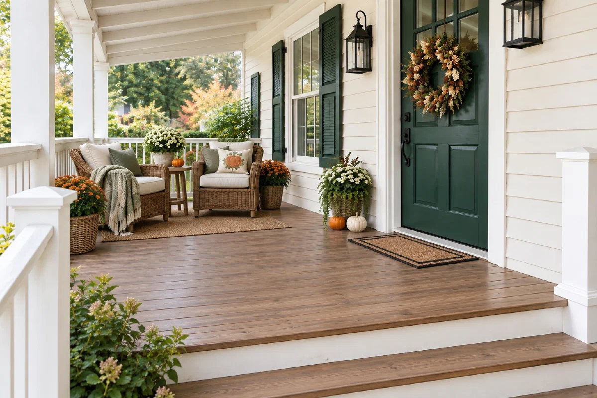 Covered porch with planting containers beside a clear entry