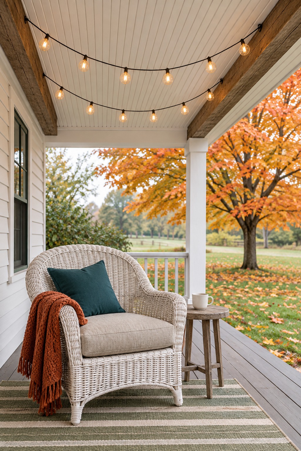 Round-bulb string lights looped across a covered porch ceiling above a white wicker chair