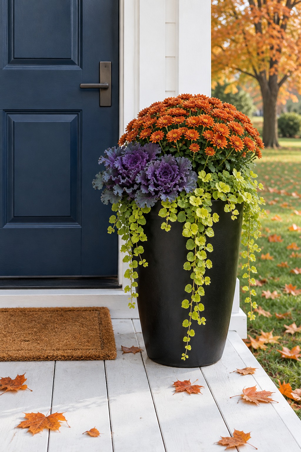 Tall black round planter with a rust mum, purple kale and creeping Jenny beside a navy door