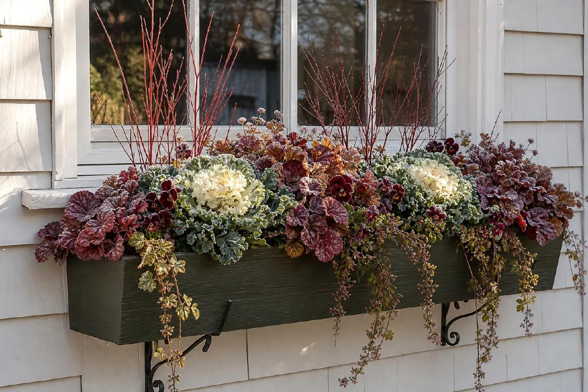Autumn window box with ornamental kale and contrasting foliage